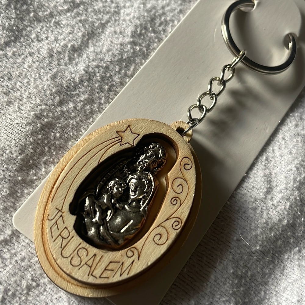 Vtg Jerusalem Key Pendant Fob Wooden/Pewter -NOS